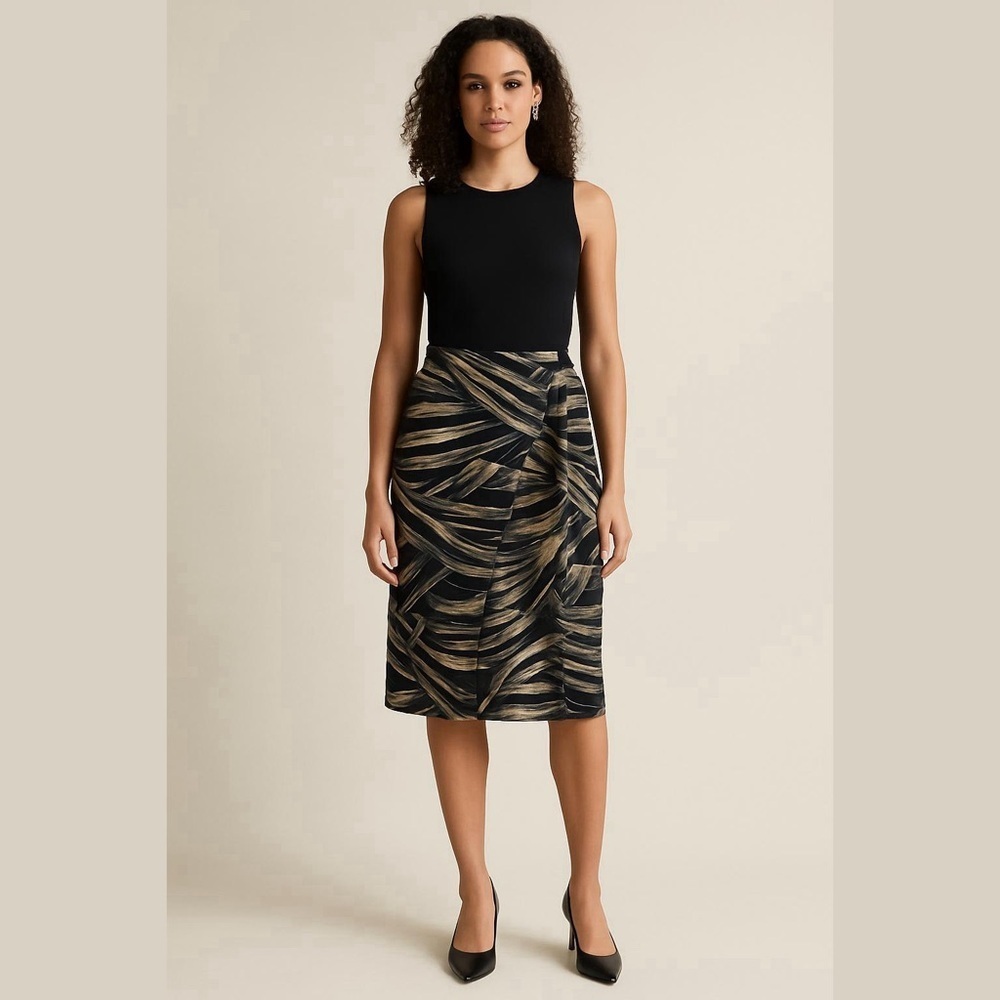 Jones New York Skirt 12 Silk Black Geo Print Faux Wrap Midi A-Line Mod Retro